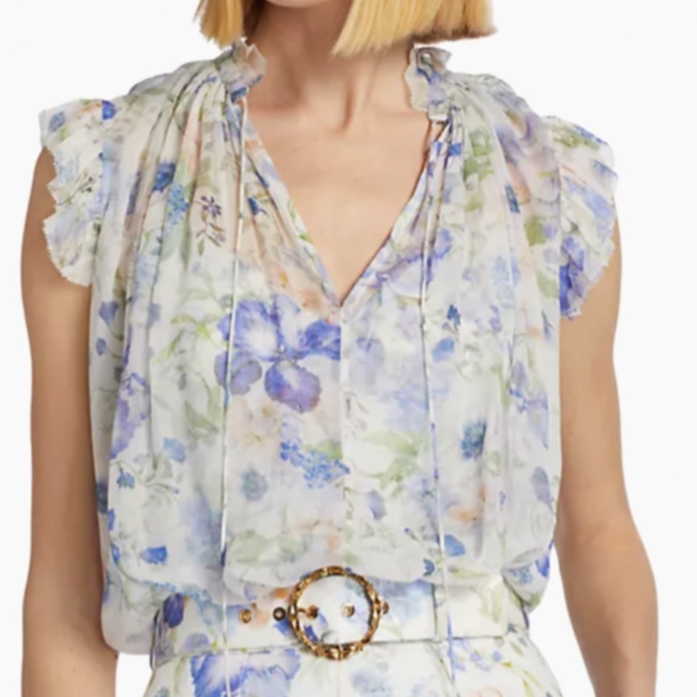 Zimmermann Natura White Floral Tie-Front Sleeveless Tank with Blue Accents